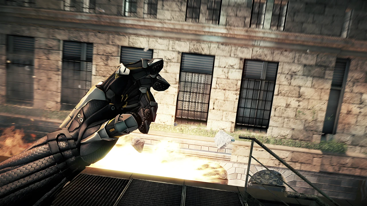 A Nanosuit arm reaching out above a burning street