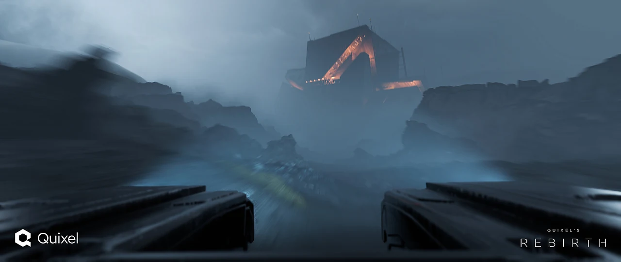 Lava glowing through mist on a black ridge