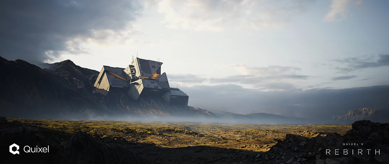 Barracks perched on a cliff above a misty valley