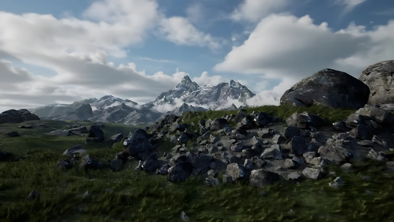 A rugged UE5 landscape of rocks and grass beneath snowy peaks