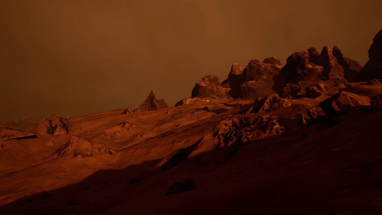 Red Martian buttes in dust haze