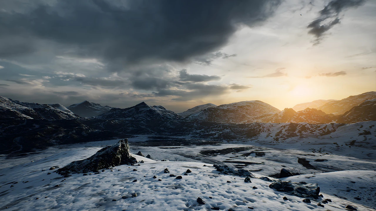 Snowfields beneath a low winter sun