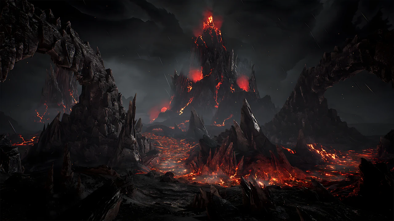 A volcanic underworld of lava and stone arches