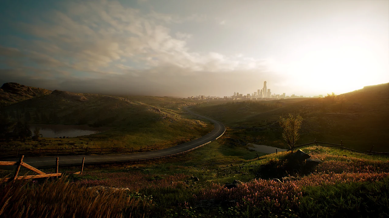 A city skyline at golden hour beyond rolling hills, from the Learn Squared course