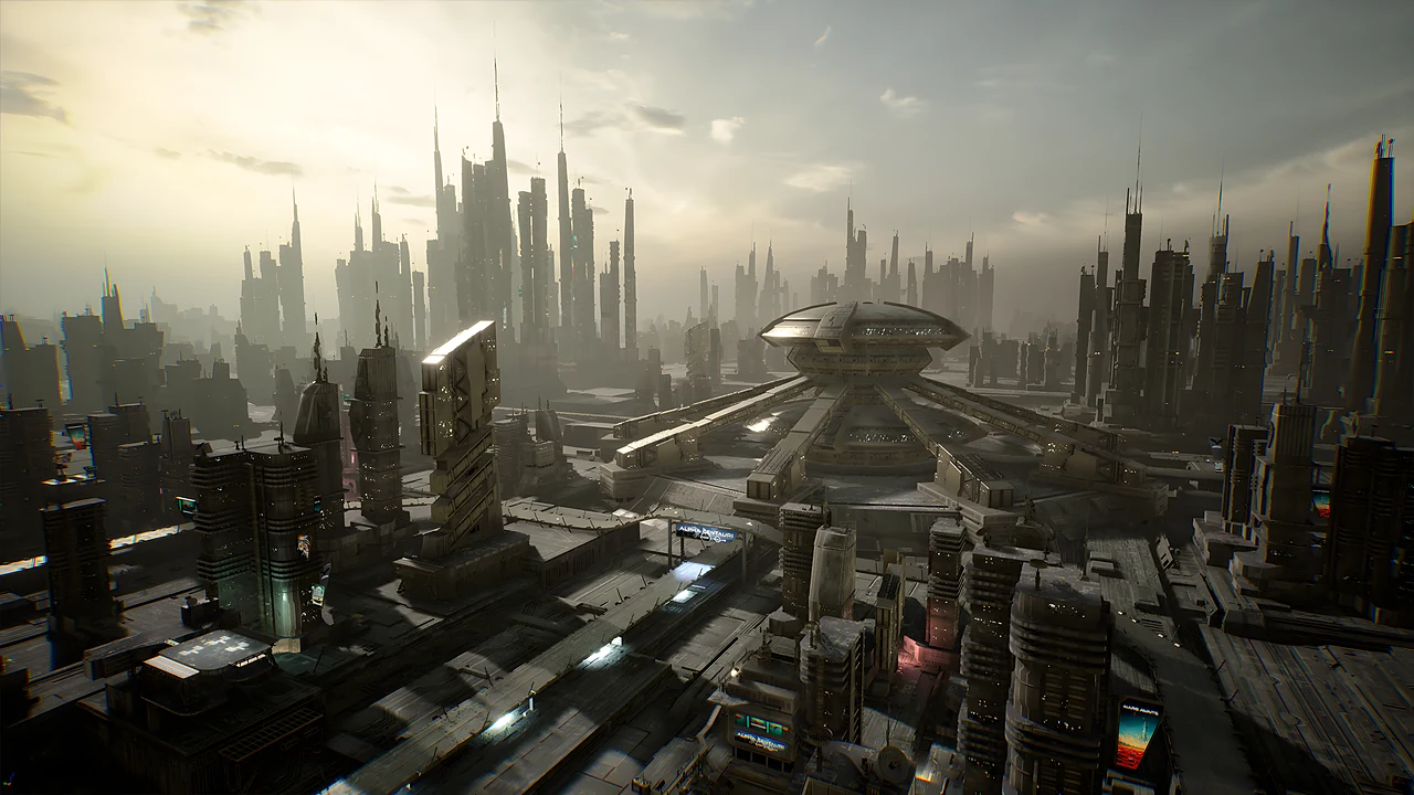 A futuristic city glowing through haze