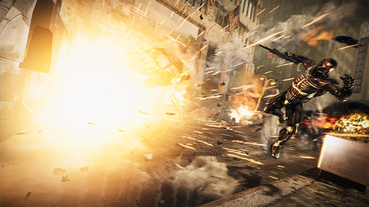 Crysis 2: the Nanosuit charging through a fireball