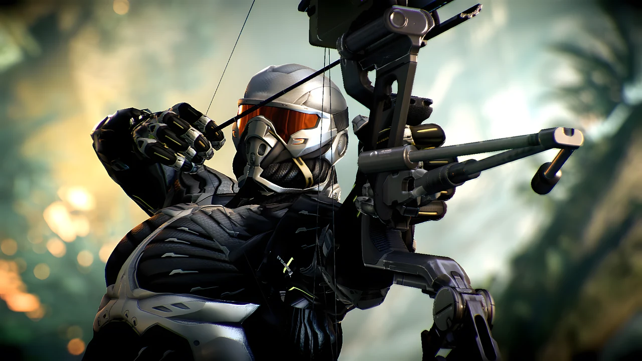 Crysis 3: Prophet drawing the Predator bow, close up in the Nanosuit