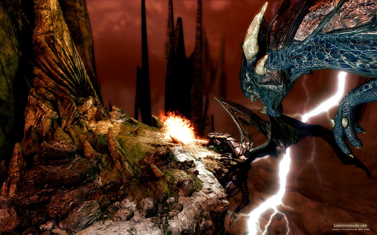 Lightspire: a dragon over a burning, storm-lit canyon