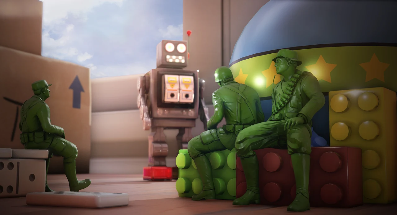 The Mean Greens: plastic army men in a toy-strewn bedroom