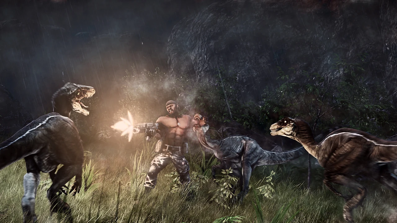 Primal Carnage: raptors leaping at a mercenary firing in tall grass
