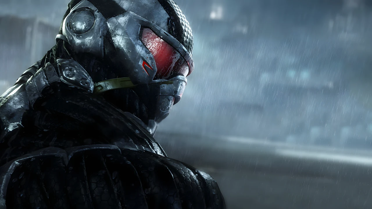 Crysis: the Nanosuit helmet close up in driving rain