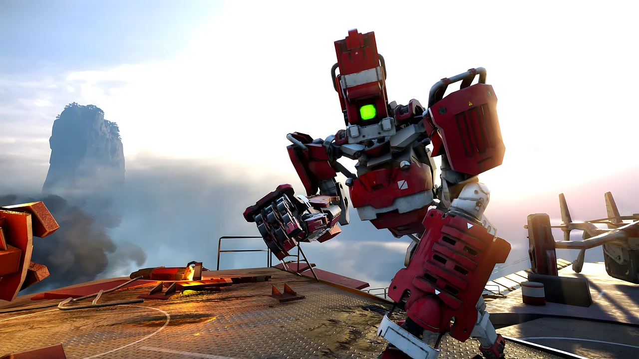 Sky Harbor: a towering red mech above the clouds